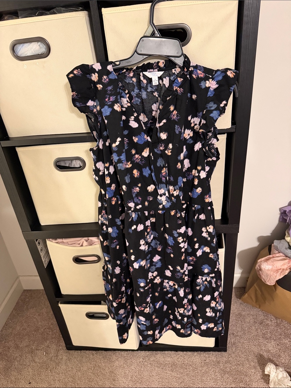 Time and tru NWOT Floral Tiered Flutter-Sleeve Dress - Black/Blue/Pink